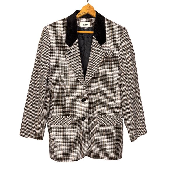 Vintage Wool Blend Houndstooth Blazer with Velvet Collar, Size 6, 90s Academia - Picture 1 of 9